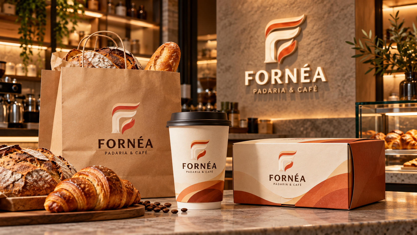 Aplicação da identidade Fornéa Padaria e Café