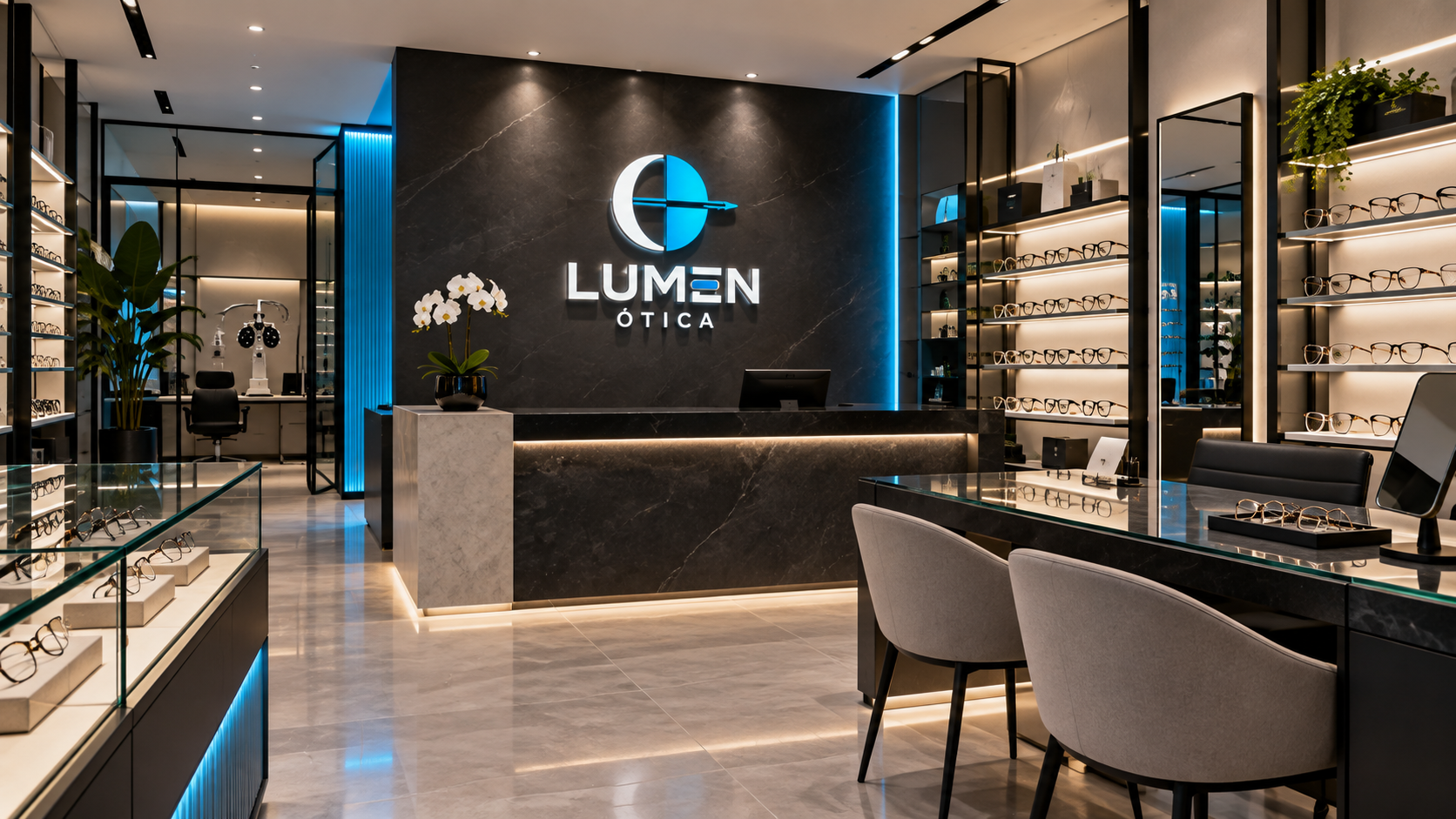 Aplicação da identidade Lumen Ótica em ambiente comercial