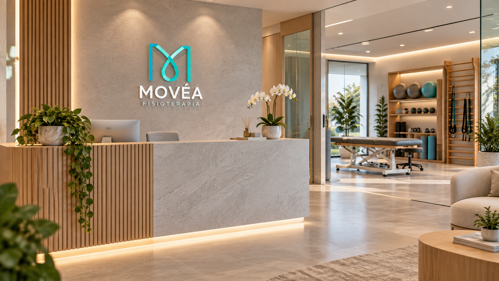 Aplicação da identidade Movéa Fisioterapia em clínica contemporânea