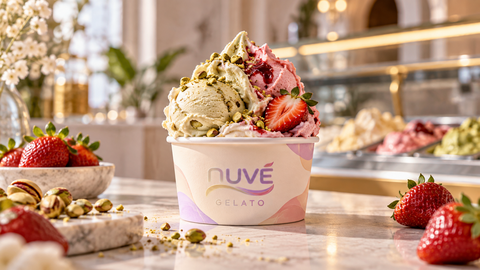 Aplicação da identidade Nuvé Gelato em embalagem de gelato