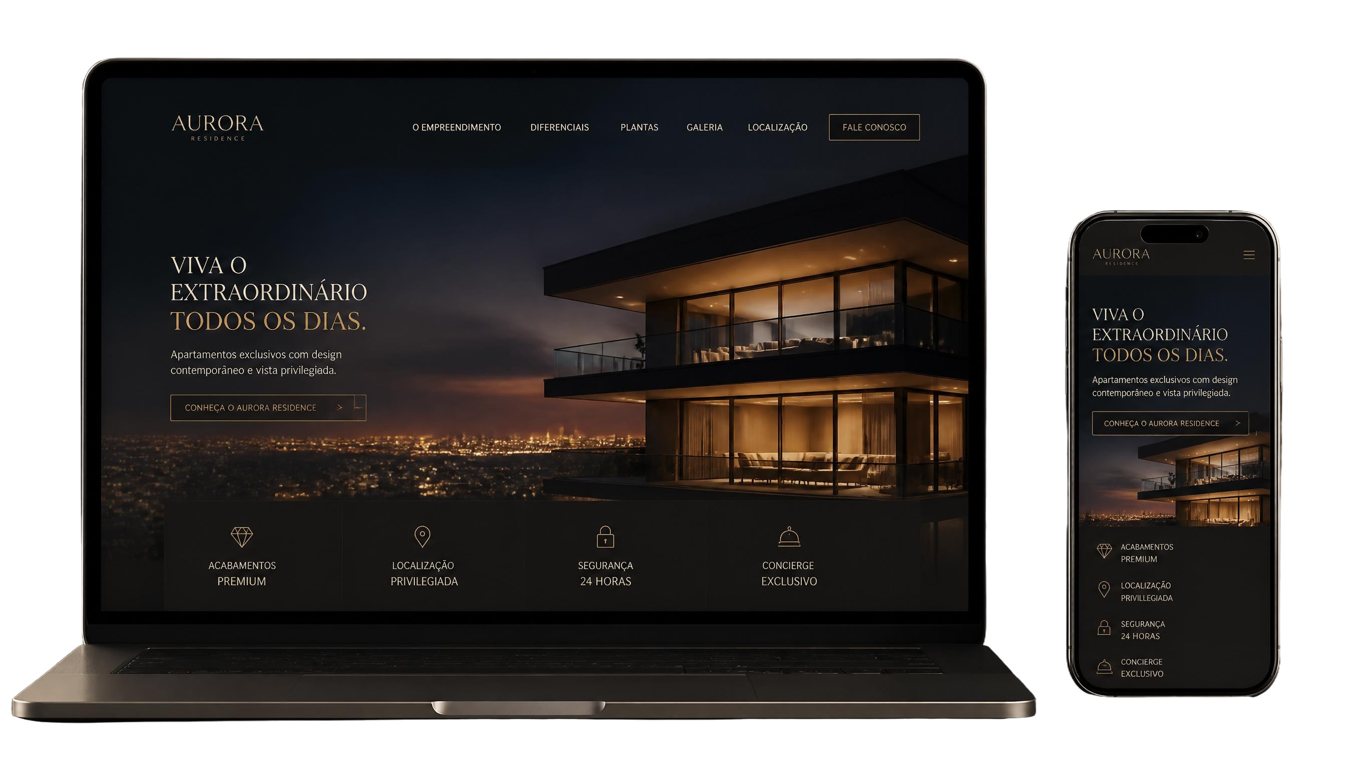 Aurora Residence — website imobiliário e arquitetura premium