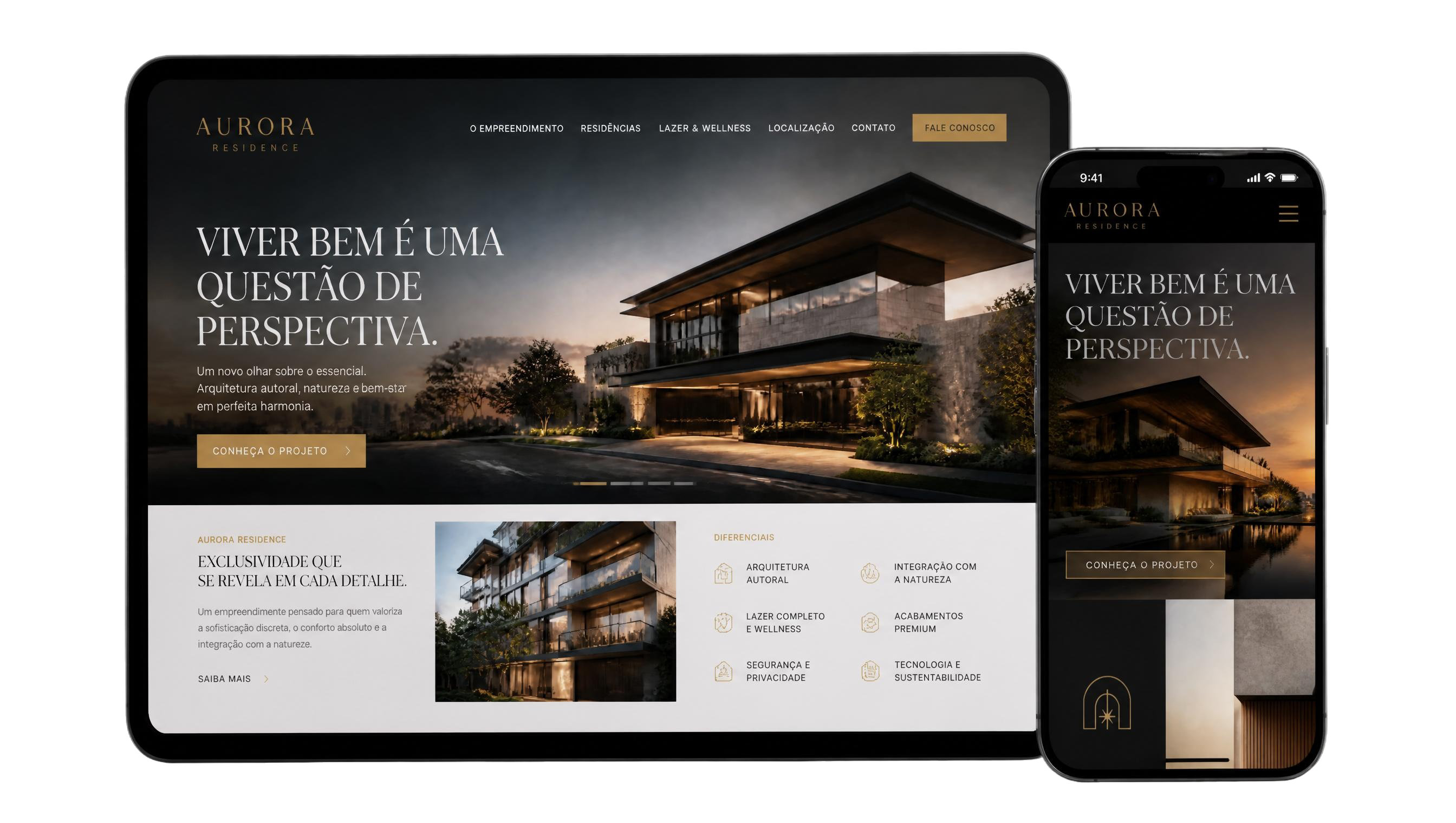 Aurora Residence apresentado em tablet e smartphone
