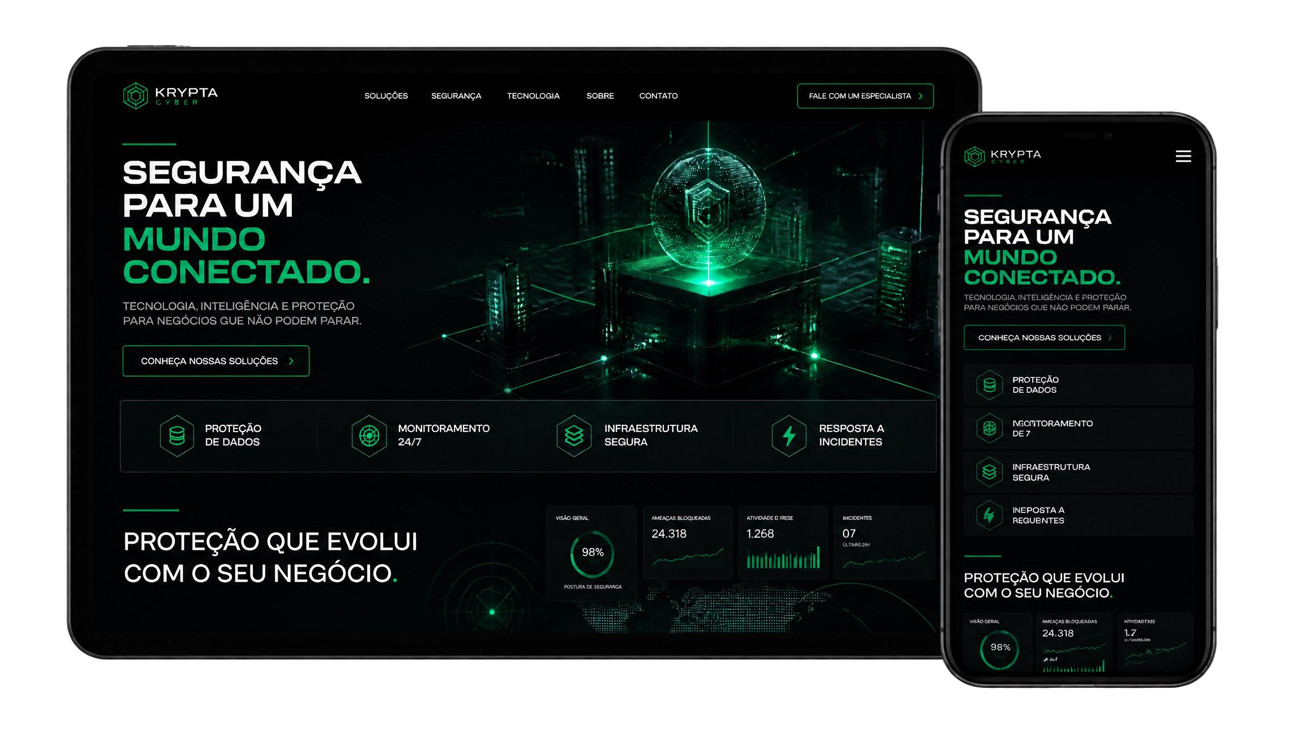 Krypta Cyber em tablet e smartphone — experiência responsiva