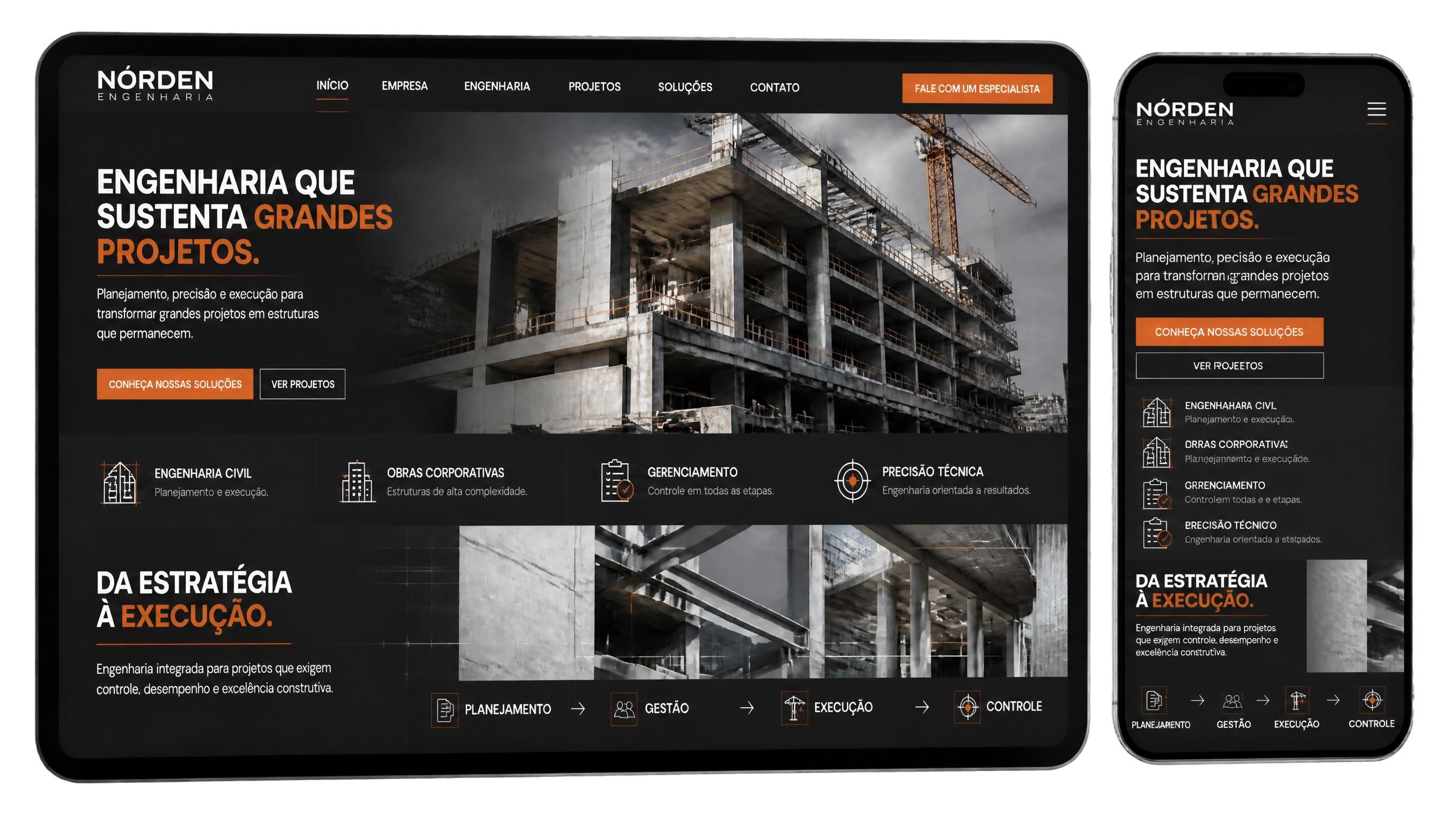 Mockup responsivo do website Nórden Engenharia em tablet e celular