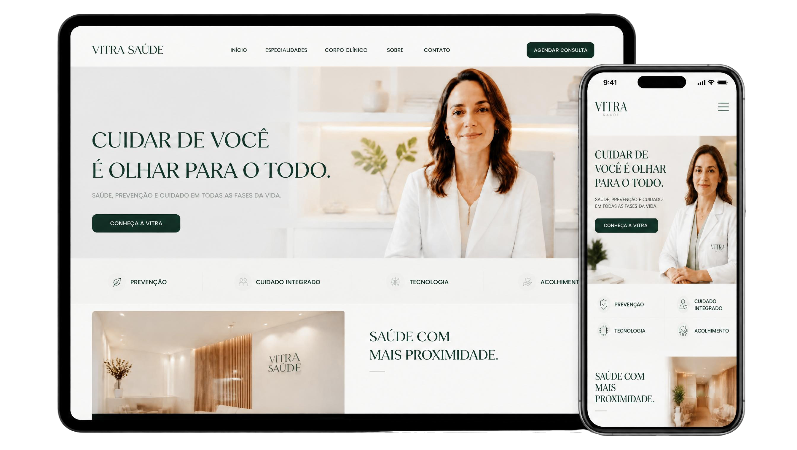 Website Vitra Saúde apresentado em tablet e smartphone