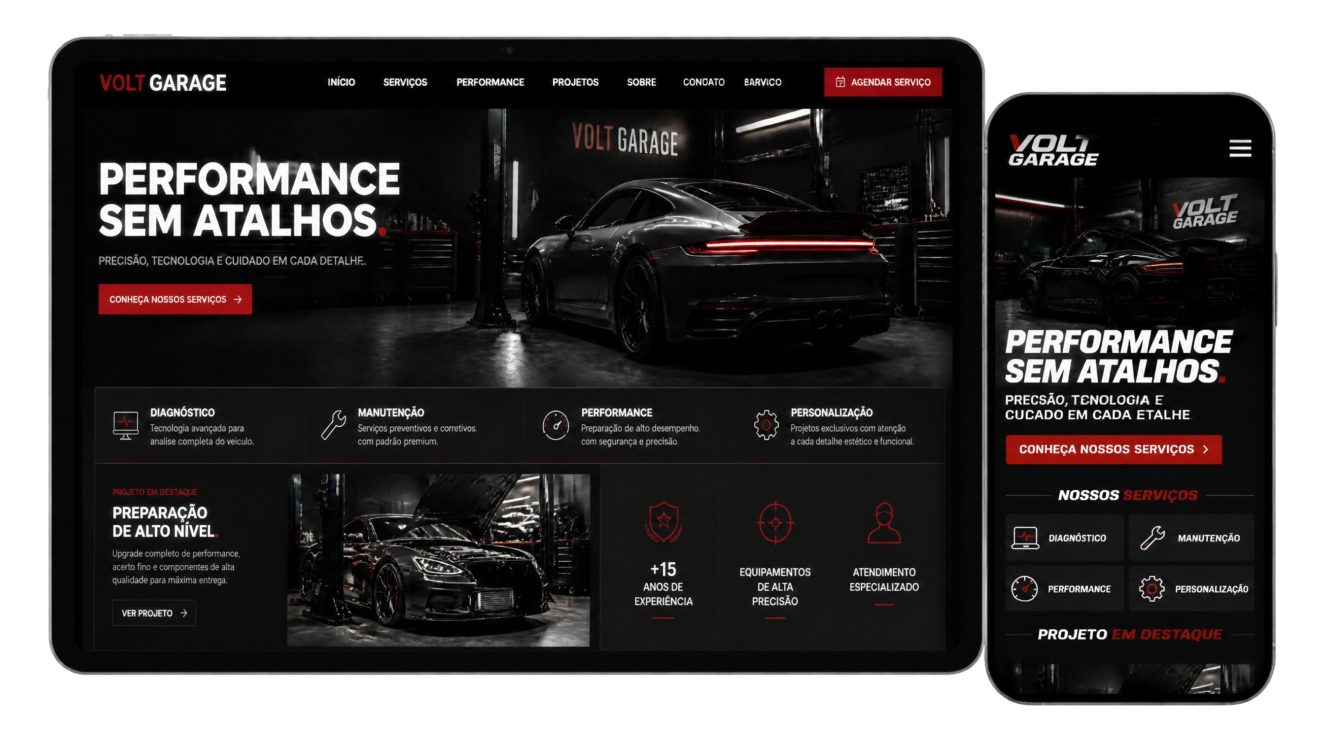 Volt Garage em tablet e smartphone — experiência responsiva