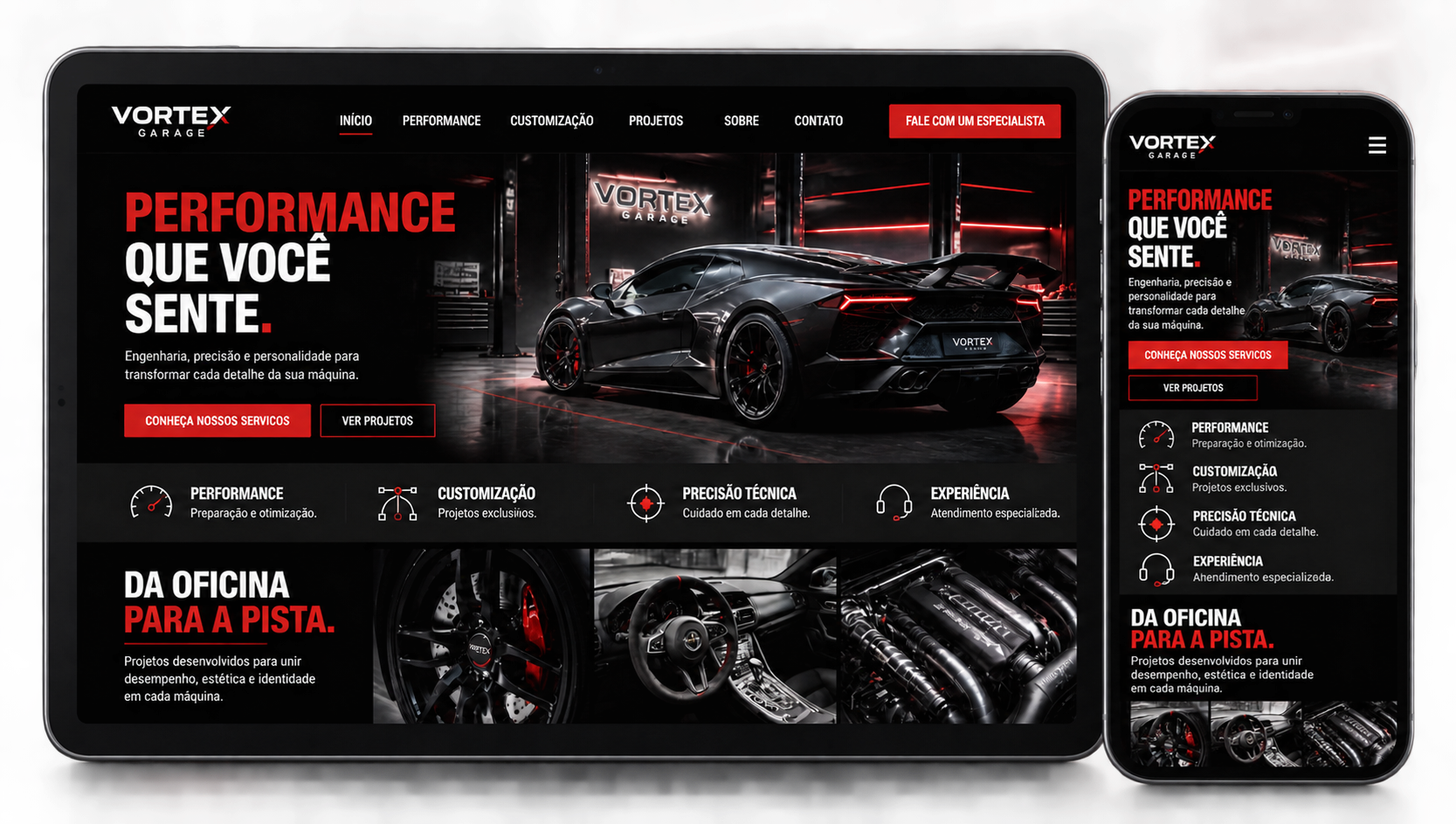 Vortex Garage apresentada em tablet e celular